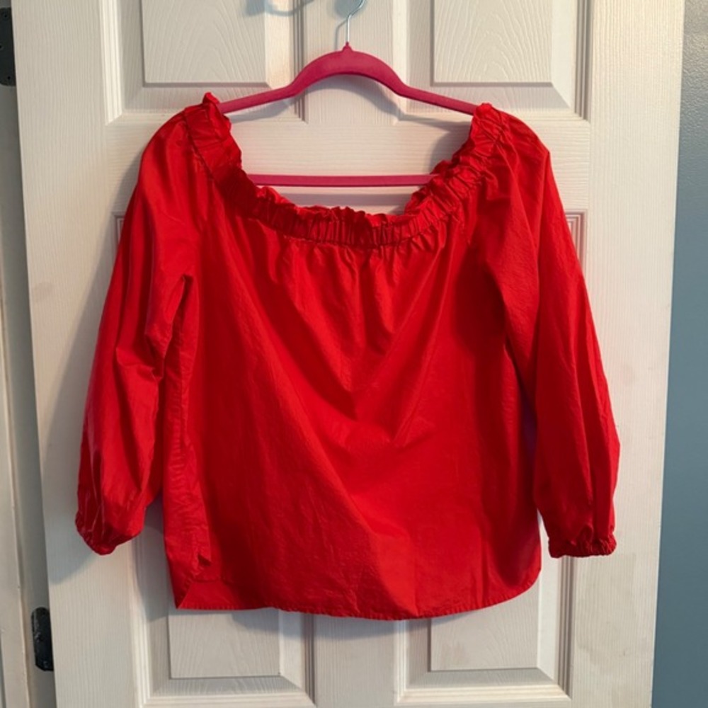 J. Crew Red Off The Shoulder Ruffle‎ Neck 3/4 Sleeve Size 8 Blouse Top